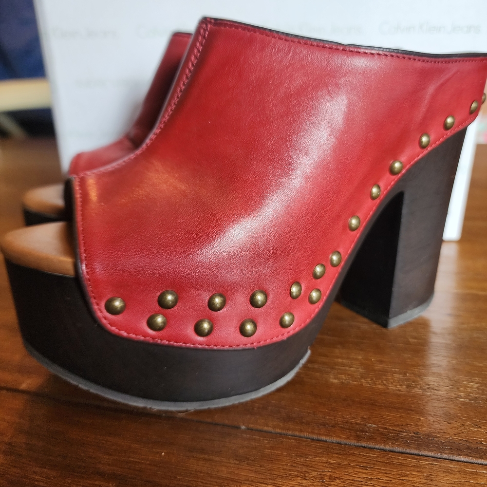 Calvin Klein Red Studded Leather Mules